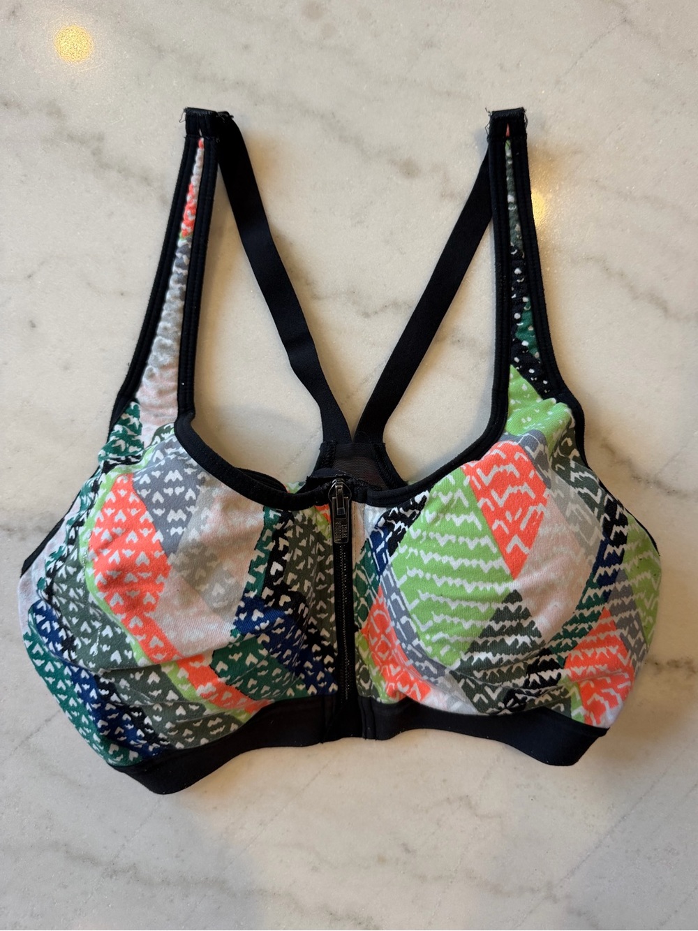 Victoria's Secret Front-Zip Printed Sports Bra in Green & Coral